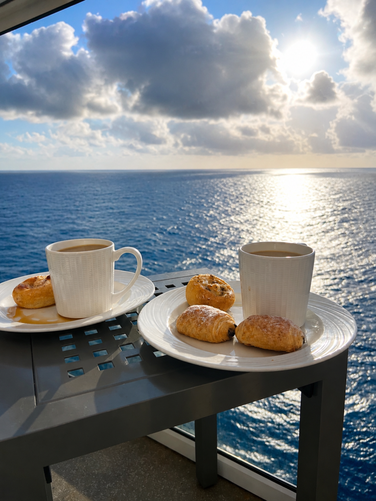 Breakfast and cups of coffee on the balcony of our P&O Iona cabin