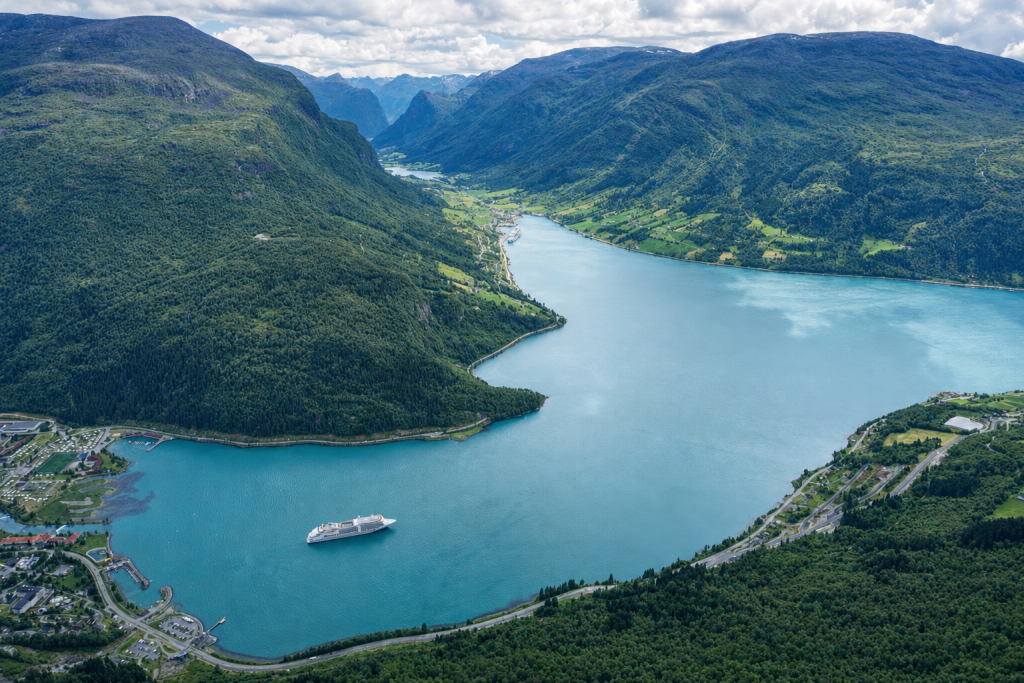 Panoramic view across Nordfjord from the top of the Loen Skylift