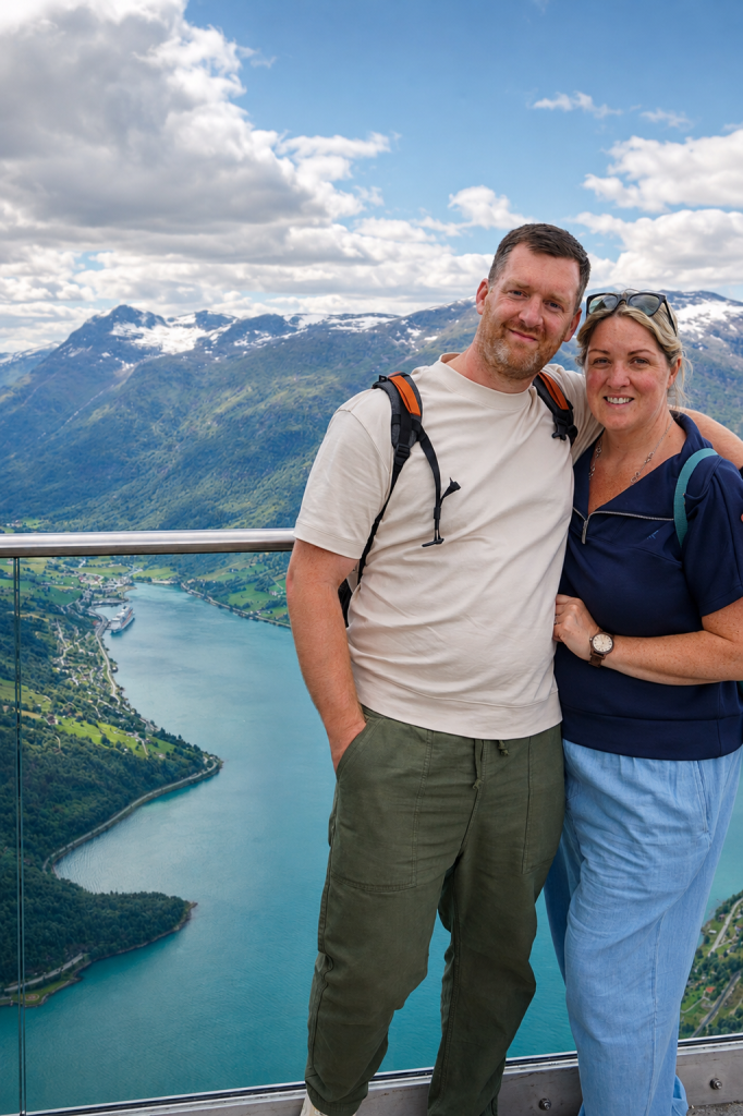 Family at the top of the Loen Skylift overlooking the Norwegian mountains