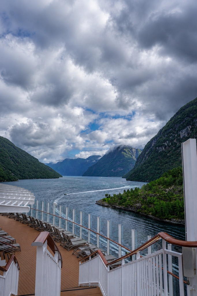 P&O Iona sailing through the fjord towards Hellesylt