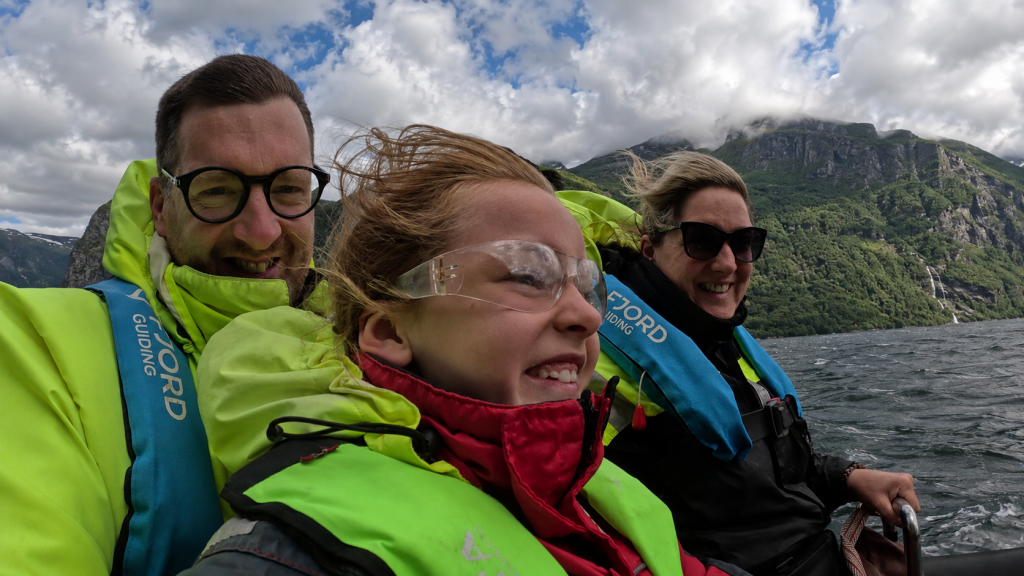 Travelling at speed through the fjord on a RIB excursion from Hellesylt